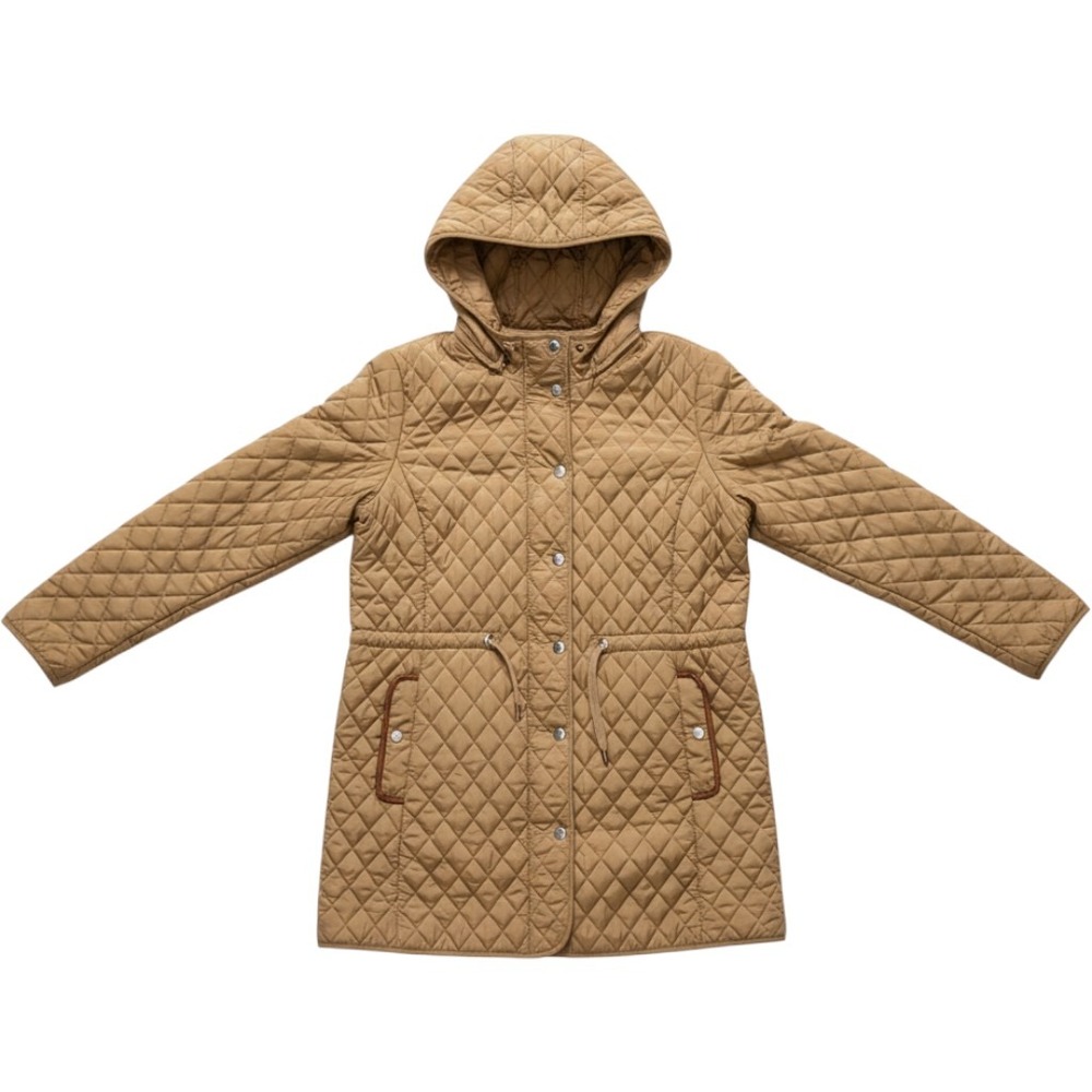 Massimo Dutti Tan Quilted Hooded Barn Jacket Drawstring Waist Beige Coat Womens
